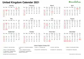 Calendar Horizintal Week Underline With Month Split Sun Sat Bank Holiday United Kingdom Landscape 2021