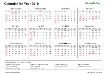 Calendar Horizintal Week Underline With Month Split Sun Sat Federal Holiday Nz 2019
