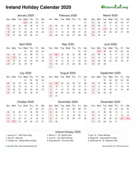 Calendar Horizintal Week Underline With Month Split Sun Sat Holiday Ireland Portrait 2020