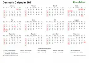 Calendar Horizintal Week Underline With Month Split Sun Sat National Holiday Denmark Landscape 2021