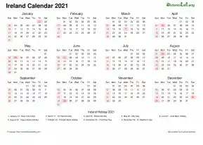 Calendar Horizintal Week Underline With Month Split Sun Sat National Holiday Ireland Landscape 2021