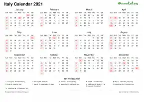 Calendar Horizintal Week Underline With Month Split Sun Sat National Holiday Italy Landscape 2021