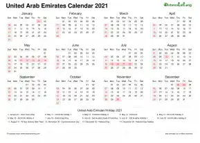 Calendar Horizintal Week Underline With Month Split Sun Sat National Holiday United Arab Emirates Landscape 2021