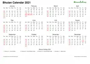 Calendar Horizintal Week Underline With Month Split Sun Sat Public Holiday Bhutan Landscape 2021