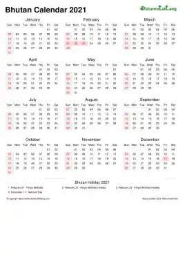 Calendar Horizintal Week Underline With Month Split Sun Sat Public Holiday Bhutan Portrait 2021