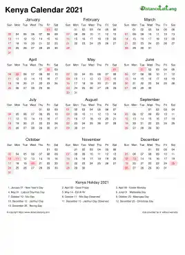 Calendar Horizintal Week Underline With Month Split Sun Sat Public Holiday Kenya Portrait 2021