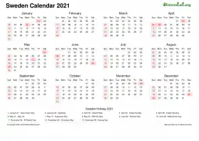 Calendar Horizintal Week Underline With Month Split Sun Sat Public Holiday Sweden Landscape 2021