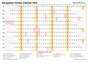 Calendar Horizontal Column With Holiday Bangladesh 2022