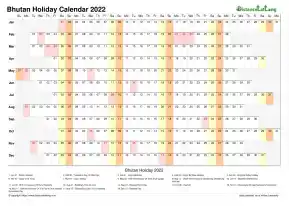 Calendar Horizontal Column With Holiday Bhutan 2022