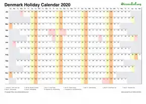 Calendar Horizontal Column With Holiday Denmark 2020