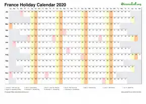Calendar Horizontal Column With Holiday France 2020