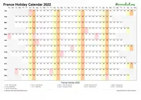 Calendar Horizontal Column With Holiday France 2022