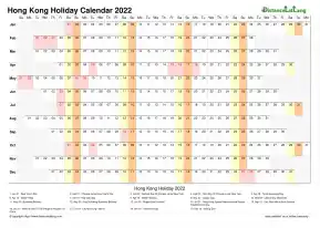 Calendar Horizontal Column With Holiday Hong Kong 2022