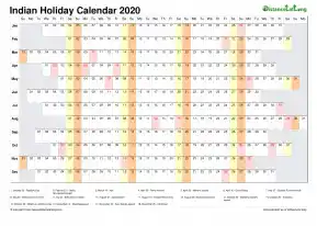 Calendar Horizontal Column With Holiday India 2020