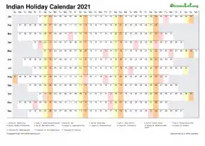 Calendar Horizontal Column With Holiday India 2021
