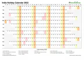 Calendar Horizontal Column With Holiday India 2022