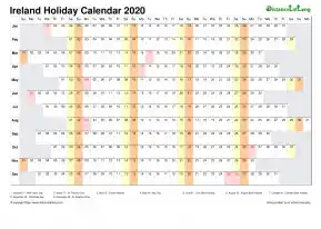 Calendar Horizontal Column With Holiday Ireland 2020