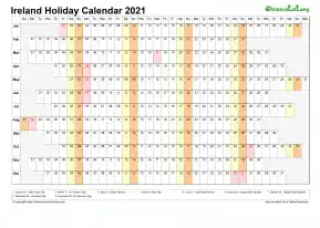 Calendar Horizontal Column With Holiday Ireland 2021
