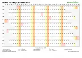 Calendar Horizontal Column With Holiday Ireland 2022