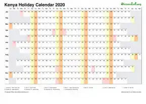 Calendar Horizontal Column With Holiday Kenya 2020