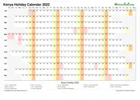 Calendar Horizontal Column With Holiday Kenya 2022