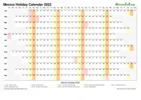 Calendar Horizontal Column With Holiday Mexico 2022