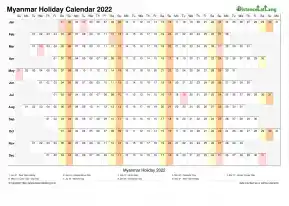 Calendar Horizontal Column With Holiday Myanmar 2022