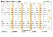 Calendar Horizontal Column With Holiday Myanmar 2023