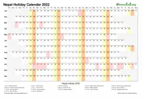 Calendar Horizontal Column With Holiday Nepal 2022