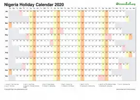Calendar Horizontal Column With Holiday Nigeria 2020