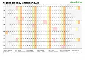 Calendar Horizontal Column With Holiday Nigeria 2021