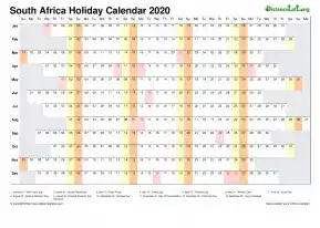 Calendar Horizontal Column With Holiday South Africa 2020