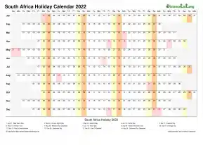 Calendar Horizontal Column With Holiday South Africa 2022
