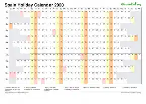 Calendar Horizontal Column With Holiday Spain 2020