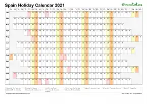 Calendar Horizontal Column With Holiday Spain 2021