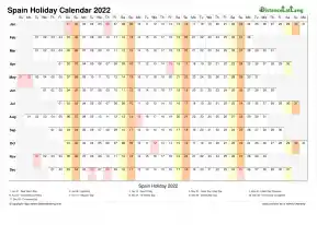 Calendar Horizontal Column With Holiday Spain 2022
