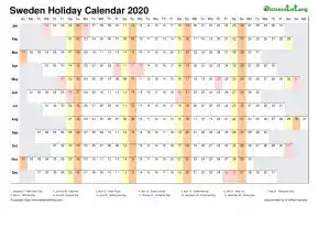 Calendar Horizontal Column With Holiday Sweden 2020