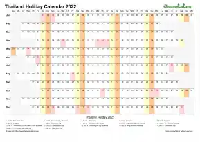 Calendar Horizontal Column With Holiday Thailand 2022