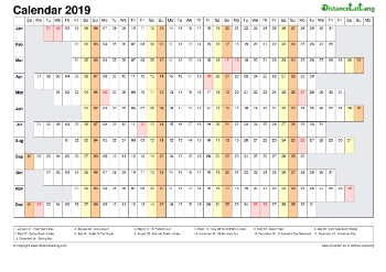 Calendar Horizontal Column With Holiday Uk 2019
