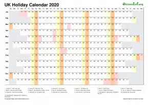 Calendar Horizontal Column With Holiday Uk 2020