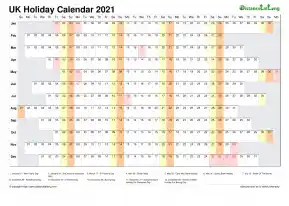Calendar Horizontal Column With Holiday Uk 2021