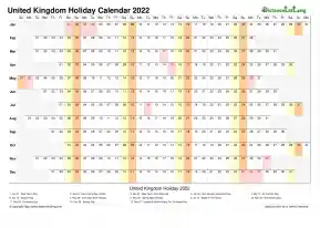 Calendar Horizontal Column With Holiday Uk 2022