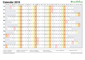Calendar Horizontal Column With Holiday Us 2019