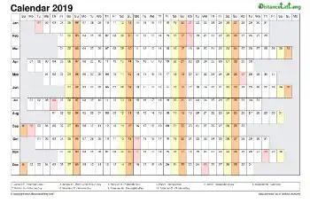 Calendar Horizontal Column With Holiday Us 2019