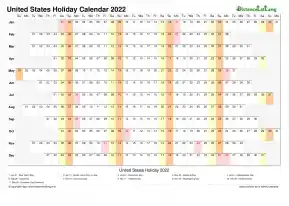 Calendar Horizontal Column With Holiday Us 2022