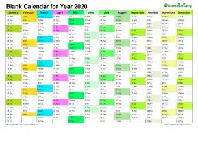 Calendar Vertical Month Column Blank Multi Color 2020