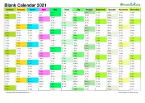 Calendar Vertical Month Column Blank Multi Color 2021