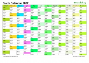 Calendar vertical month column blank multi color 2022
