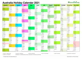Calendar Vertical Month Column With Australia Holiday Multi Color 2021