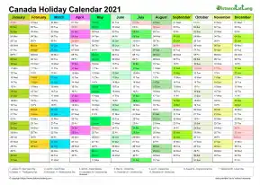 Calendar Vertical Month Column With Canada Holiday Multi Color 2021